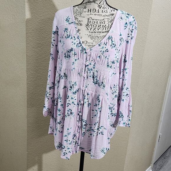 torrid Tops - TORRID pale pink floral Crinkle Gauze Smocked Button-Front Top plus size 2X